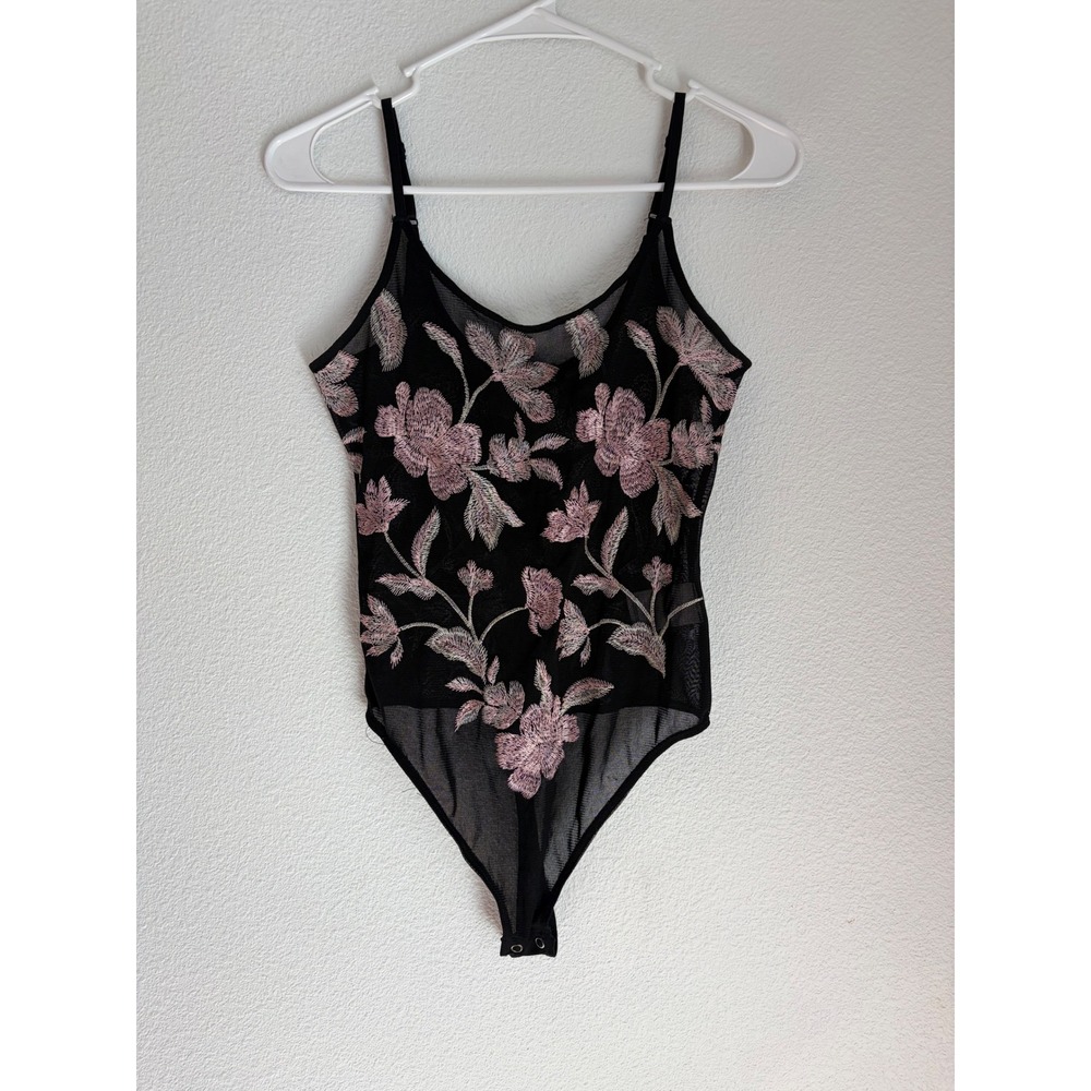 Express Black Sheer Mesh‎ Floral Embroidered Bodysuit Pink Mauve XS Sleeveless